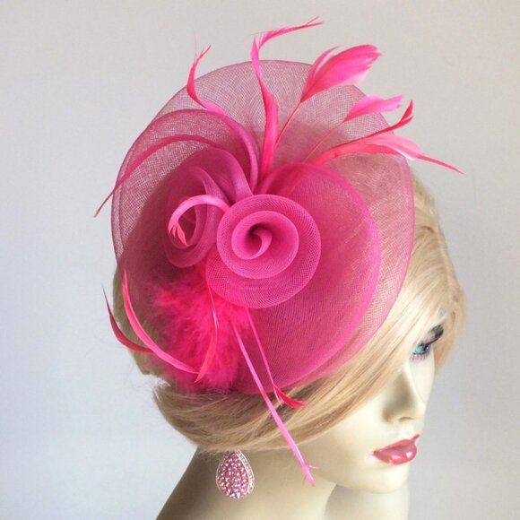 Pink Headband Fascinator with Pink Feathers and Pink Rosettes - Picture 1 of 14
